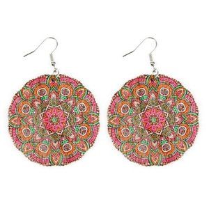New! Mandala Pink 007 Earrings Hand Painted Wooden Disk
